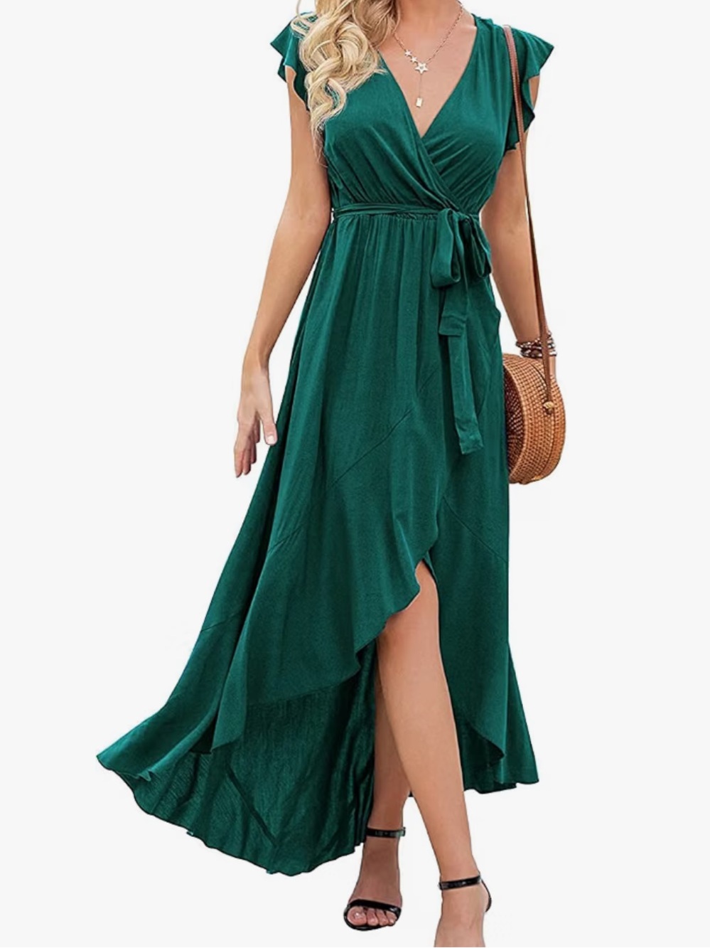Women’s Emerald Green V-Neck Wrap Maxi Dress